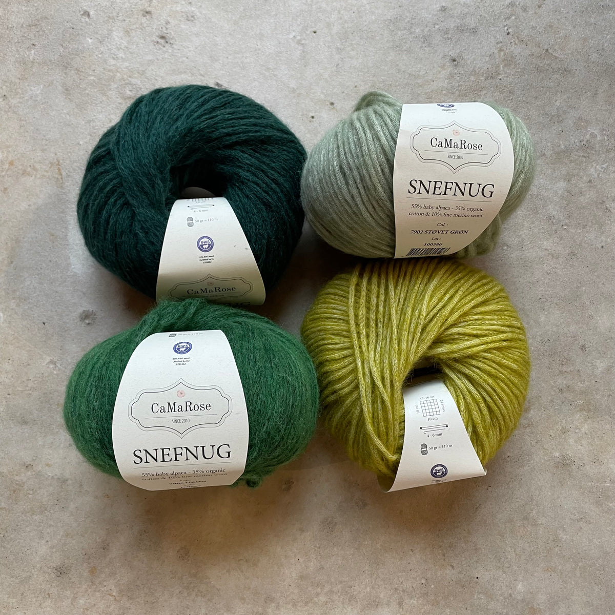 4 bollen Snefnug in 4 verschillende groene kleuren
