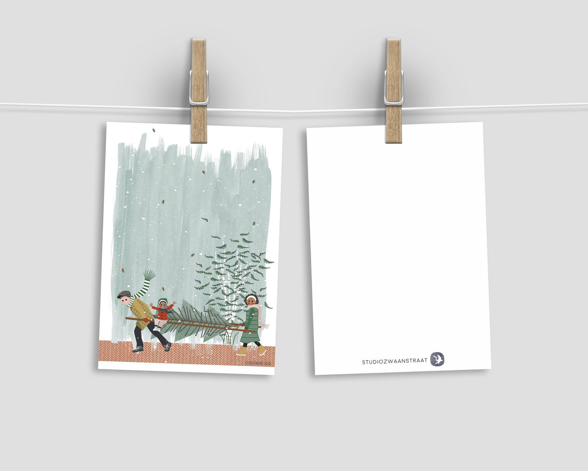 Ansichtkaart - kerstserie - Hoe krijg je die boom thuis - ladder