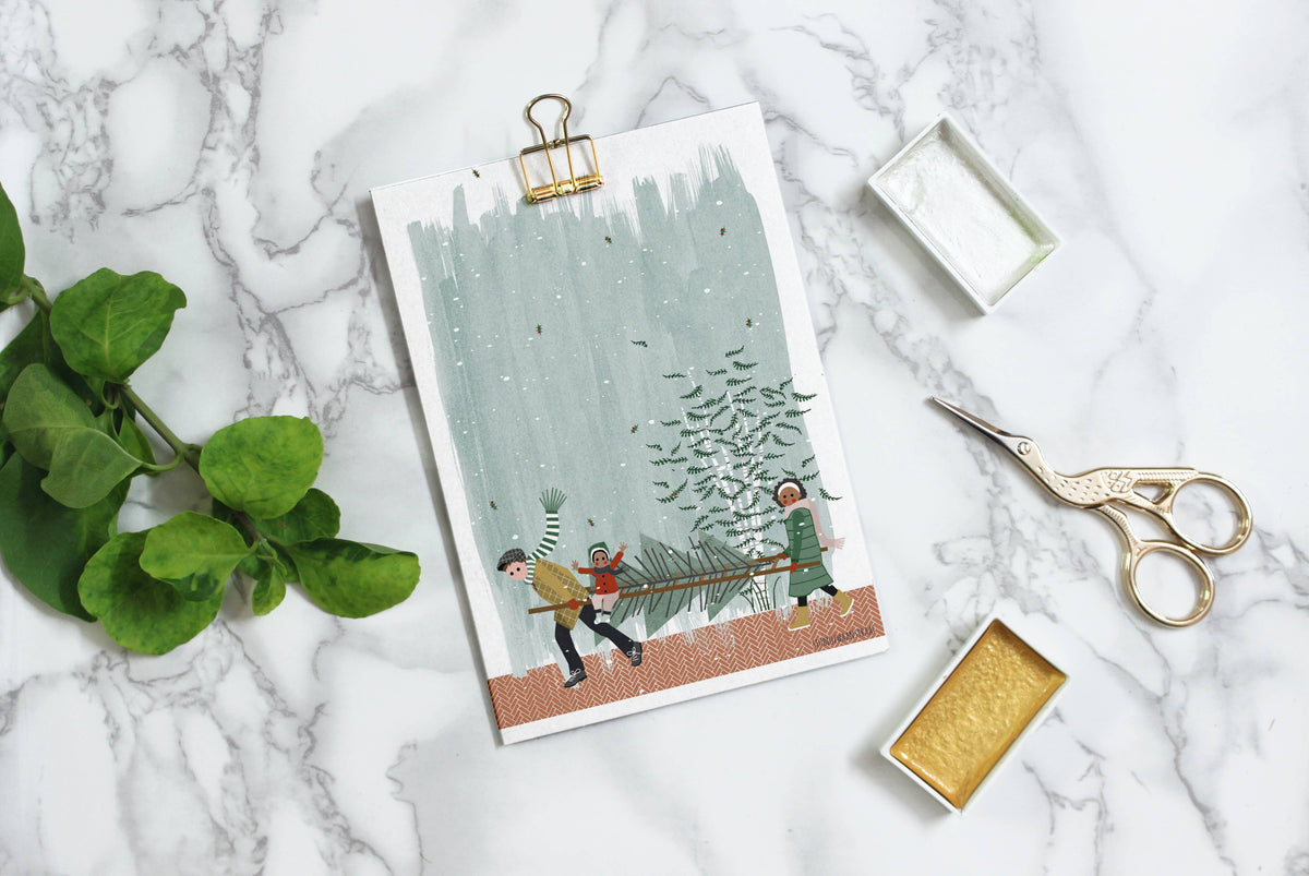Ansichtkaart - kerstserie - Hoe krijg je die boom thuis - ladder