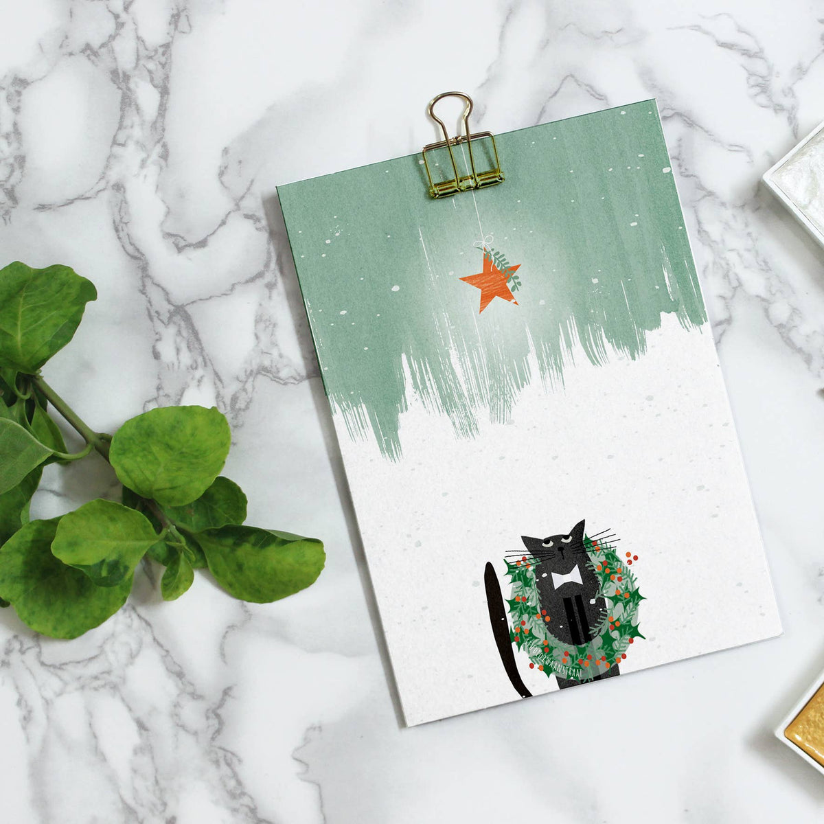 Ansichtkaart - Kerstkrans kat