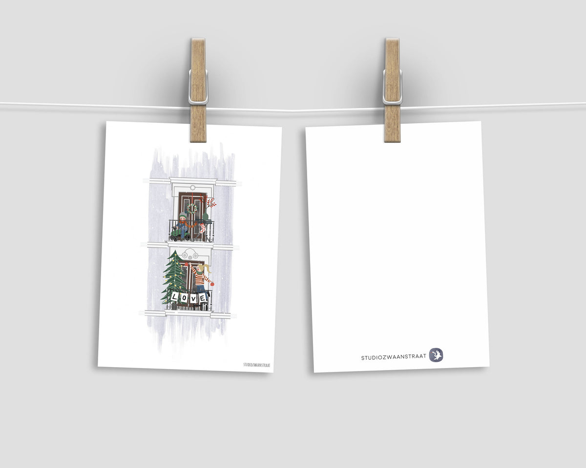 Ansichtkaart - serie kerst - Kerstbalkon