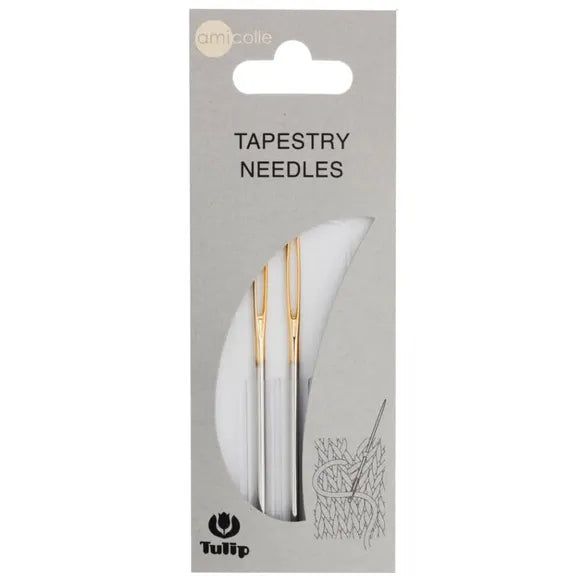 Een pakje Tulip Tapestry Needles met een goudkleurige naaldoog en zilverkleurige naald